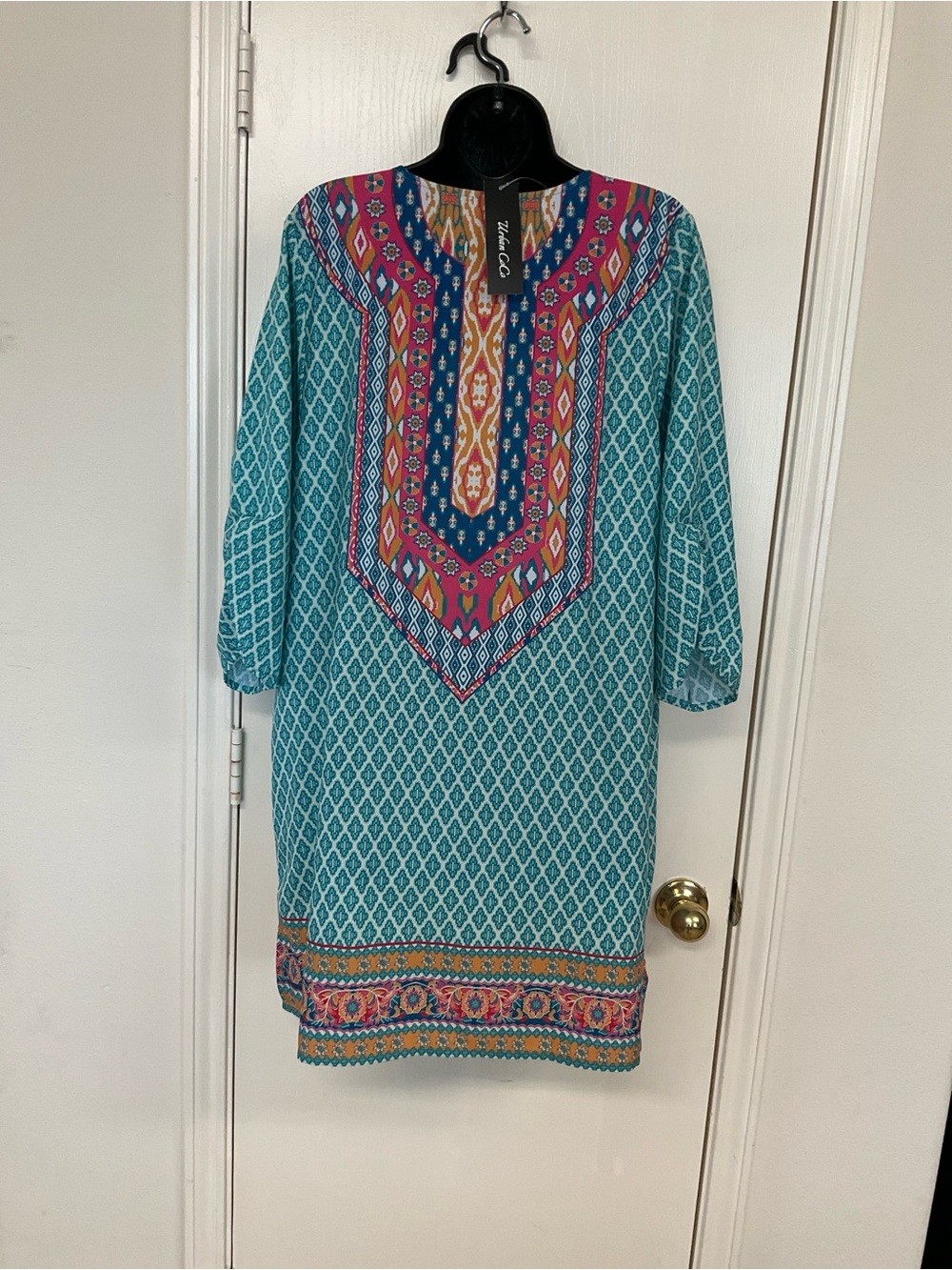 Urban CoCo Boho Tassel Tie Print Tunic - Teal, Pink, Mustard - Picture 2 of 5